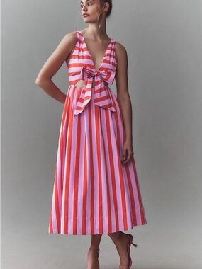 BHLDN Pink and Red Striped Tie-Front Dress